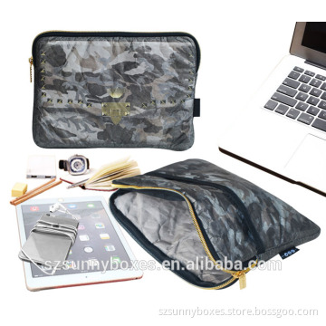 Gray Camo Pattern Tyvek Paper Zipper Portfolio With Pocket For iPad & Tablets 10"